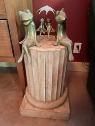 Carved Wood Pedestal With Frog Figurines