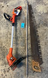 R0 Hand Saw, Wood Pole, And Black&Decker Electric String Trimmer With Extra String