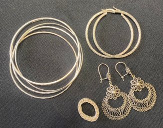 RM6 Jewelry Set To Include 1 Set Of Bracelet Bangles, 2 Pairs Of Earrings, And 1 Ring All Stamped 925