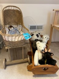 R12 Wicker Baby Buggy, And Wooden Cradle With Stuffed Toys
