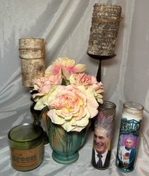 R1 Roseville Style Vase With Faux Flowers, Decorative Candles, And Votive Candles