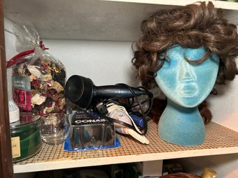 R6 Bathroom Lot Two Of Two, Lot Of Hairdryers, Mannequin Head, Wigs, Cand