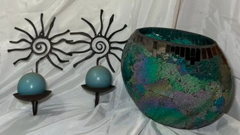 R1 Set Of Two Metal Sun Ray Celestial Pillar Candle Holders With Round Candles, And A Mosaic Glass Oval Vase