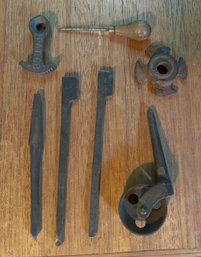 Antique Tools To Include A Metal Caster, A Sprocket Or Impeller, Screwdriver And Other Tools