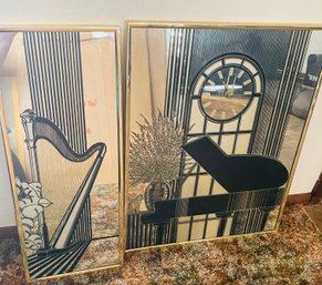 R4 Mirrored Clock And Wall Art Depicting A Piano (clock), And A Harp