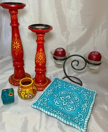R1 Decorative Lot To Include Candle Stick Holders Labeled Handcrafted In India And Others