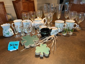 R2 Collection Of Irish Clover Glassware, Vase, Teapot Mugs And Decor. Please See Photos For More Details
