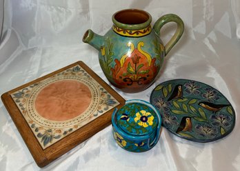 R1 Vintage Style Decorative Pitcher, Plate, Coasters With Holder, And Tile Backed To Hang On Wall