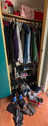 R1 Entire Contents Of Entry Closet: Jackets, Sweaters, Shoes, Shoe Rack, Gloves, AM FM Radio,
