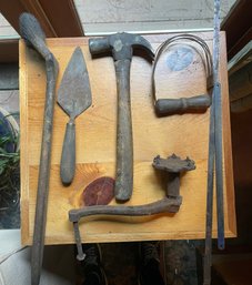 Antique Tools To Include A Hammer, Spade, Pastry Blender, Saws And Other Tools