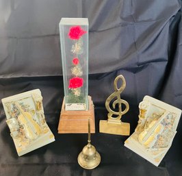 R5 Two Cello Themed Bookends, A Musical Note Book End, A Bell, A Rose Themed Music Box