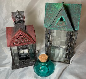 R1 Vintage Architectural Tea Light Lanterns And A Small Decorative Vase With Cork