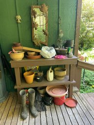 Wood Garden Bench, LaCrosse Size 10 Mens, Plastic Watering Can, Pots, Fertilizer, And Mirror