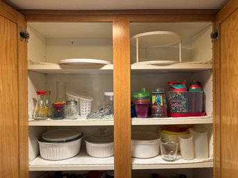 R3 Three Top Shelves Of Kitchen Cabinet Includes French White Corning Ware, Kids Cups And Bowls, Measuring Cup