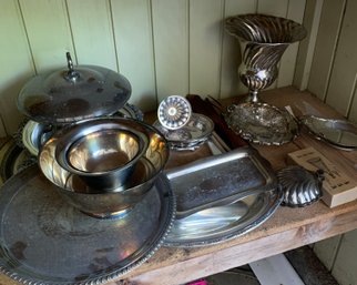 Assorted Metal Serving Dishes, Metal Vase, Metal Bowl, Assorted Metal Round Trays, Assorted Utensils