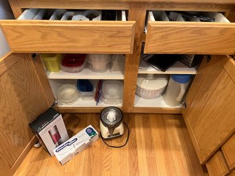 R3 Two Drawers Of Flatware And Cupboard Of Plastic Storage, Oxo Salad Spinner, Colander, Pitcher, Electric