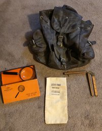 RM 5 BackPack, Reading Glass, Burlap Mining Company Canvas Bag And Two Small Vintage Stanley Rulers