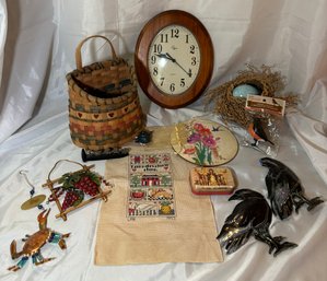 R1 Misc. Decor Lot To Include A Wooden Oval Clock, A Woven Basket, Vintage Handmade Railroad On A Iron Nail, A