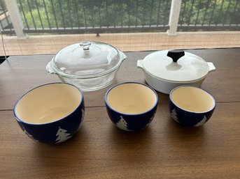 R3 Set Of 3 Various Size Blue Bowls, 9in Clear Ovenware Dish, 8in White Corning Ware Dish