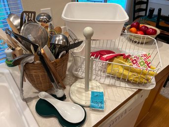 R3 Dish Drainer, Rubber Gloves, Basket Of Cooking Tools, Paper Towel Holder, Spoon Rest