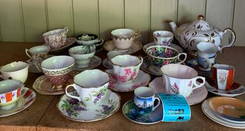 Assorted China Teacups With Saucers, Teapot