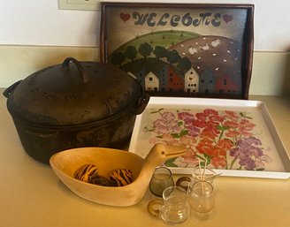 RM2 Kitchen Lot To Include Griswold Tite-top Dutch Oven, Decorative Trays, Tiny Glasses, And Others
