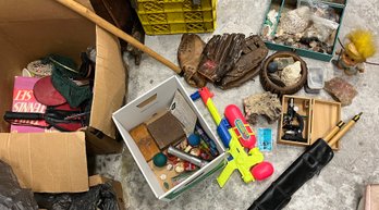 RS1 Adventures And Sports Lot Baseball Mitts, Pool Cue, Microscope, Rock Collection, Vintage Troll Doll