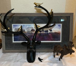 R1 Michael David Sorensons The Color Of Winter Cowboy Western Style Artwork Signed, Deer Head With Birds Sculp