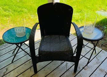 R00 Patio Furniture Wicker Chair With Two Side Tables And Candle Jars
