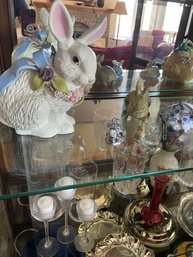 Curio Cabinet Decor To Include Bunny Figurines, Bunny Cookie Jar, Cut Glass, Vases, And Candles