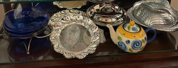 Silver Plated Servingware, Arthur Court Aluminum Salad Serving Bowl And Spoon, Blue Glass Warmer