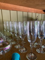 10 Champagne Flutes, 6 Iridescent Champagne Flutes, Assorted Glasses, Pie Plates, Pyrex Bowl, Sugar Bowl