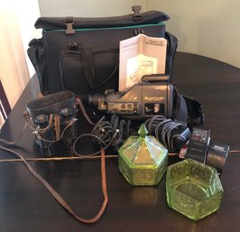 RM 1 Memorex Movie Corder, Vintage Prisma Paris Binoculars And Green Glassware