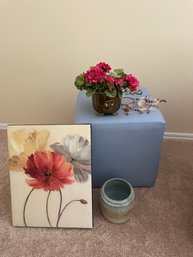 Wall Art, Blue Square Stool, Small Pot, Small Pot With Faux Flower, Dream Catcher, And Starfish Wall Decor
