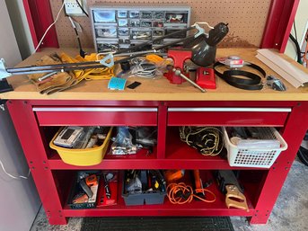 R0 Contents Of Work Bench. Hardware, Tools, Lamp, Bench Vise, Gloves. Please See Photos For More Details