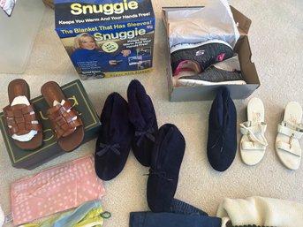 R3 Lot Of Womens Clothes And Shoes, Turtle Necks, Pants, Two Sandals, Two Slippers, Blanket Snuggie, Pillow