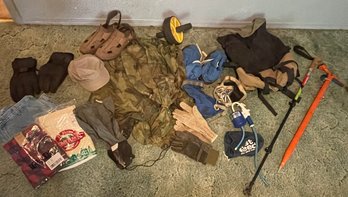 Backpacking  Gear Including Backpack, Thermals, Gloves, Hiking Stick, Water Purifier, Down Camping Shoe