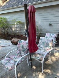 R00 Four White Lawn Chairs With Floral Cushions, Red Umbrella, Bundle Of Rope