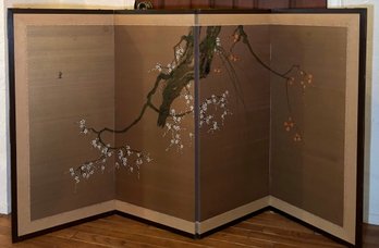 R1 Japanese Vintage 4 Screen Panel Gold Silk Painting Wall Divider