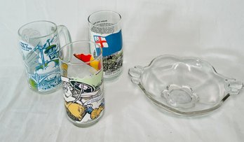 Three Collectors Glasses, Bunker Hill Flag, Worlds Fair 74, The Great Muppet Caper, And A Glass Dish