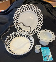 R2 White Glass Plate, Wire-handled Bowl, Candy Dish And Eyecup
