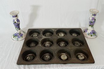 Vintage Ekco Metal Muffin Tin And Two Andrea By Sadek Candlesticks