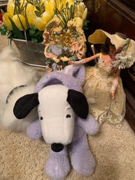 RM7 Summer Splendor Barbie Doll On Stand, Snoopy Stuffed Animal, Angel Figurine, Faux Flowers In Bucket