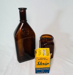 Skeip Sheaffers 52 Ink Bottle, Two Amber Glass Bottles No Lids