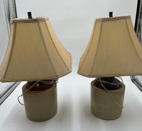 Set Of Two Matching Crock Jug Base Lamps With Fabric Shades