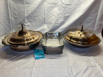 R4  Silverplate Serving Pieces. Pyrex Bowl And Anchor Hocking Loaf Pan I Cluded