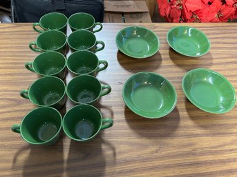 R0 Set Of Ten Ceramic Green Cups, Set Of Four Ceramic Green Bowls