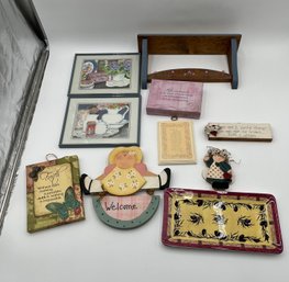 Assorted Wall Hanging Items, Wall Shelf W/Hooks, Wall Artwork, Welcome Sign, Santa Barbara Ceramic Tray