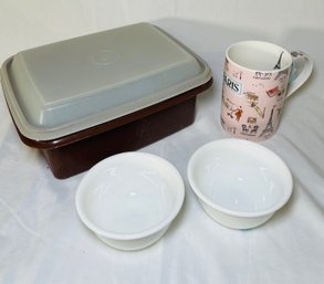 Vintage Tupperware Container, Paris Coffee Mug, Set Of 2 Corelle Dessert Bowls