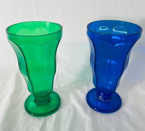 Two Plastic Fountain Cups. One Blue, One Green